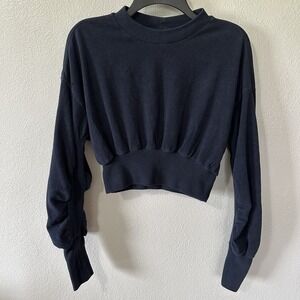 SWEATY BETTY Delight Luxe Fleece‎ Pullover Size 4 Navy Blue Cropped Sweatshirt